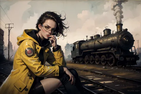 masterpiece, best quality, 1girl, (closeup), engineer, slim, (yelow coat, goggles), sitting, (smoking cigarette), serious, dirty...