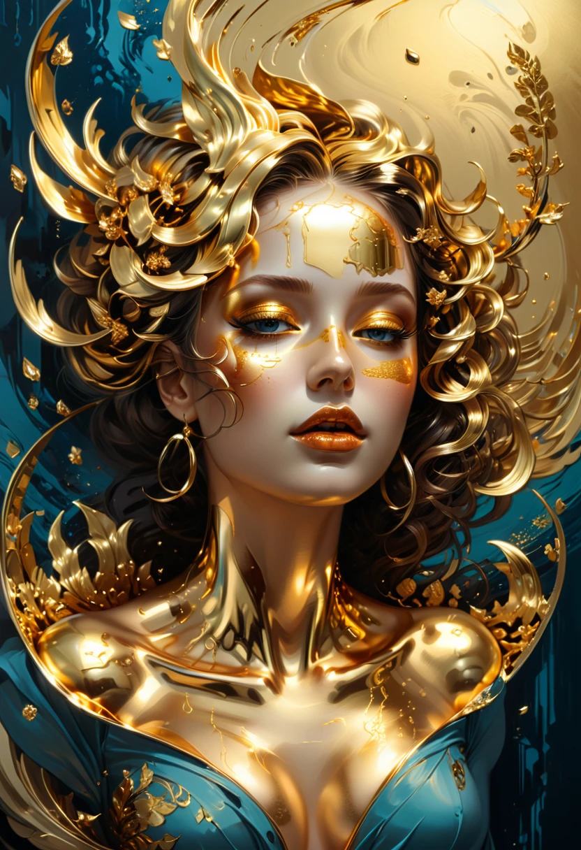 Gold Foil Art, indoor, by Cyril Rolando, (masterpiece, best quality, Professional, perfect composition, very aesthetic, absurdres, ultra-detailed, intricate details:1.3)