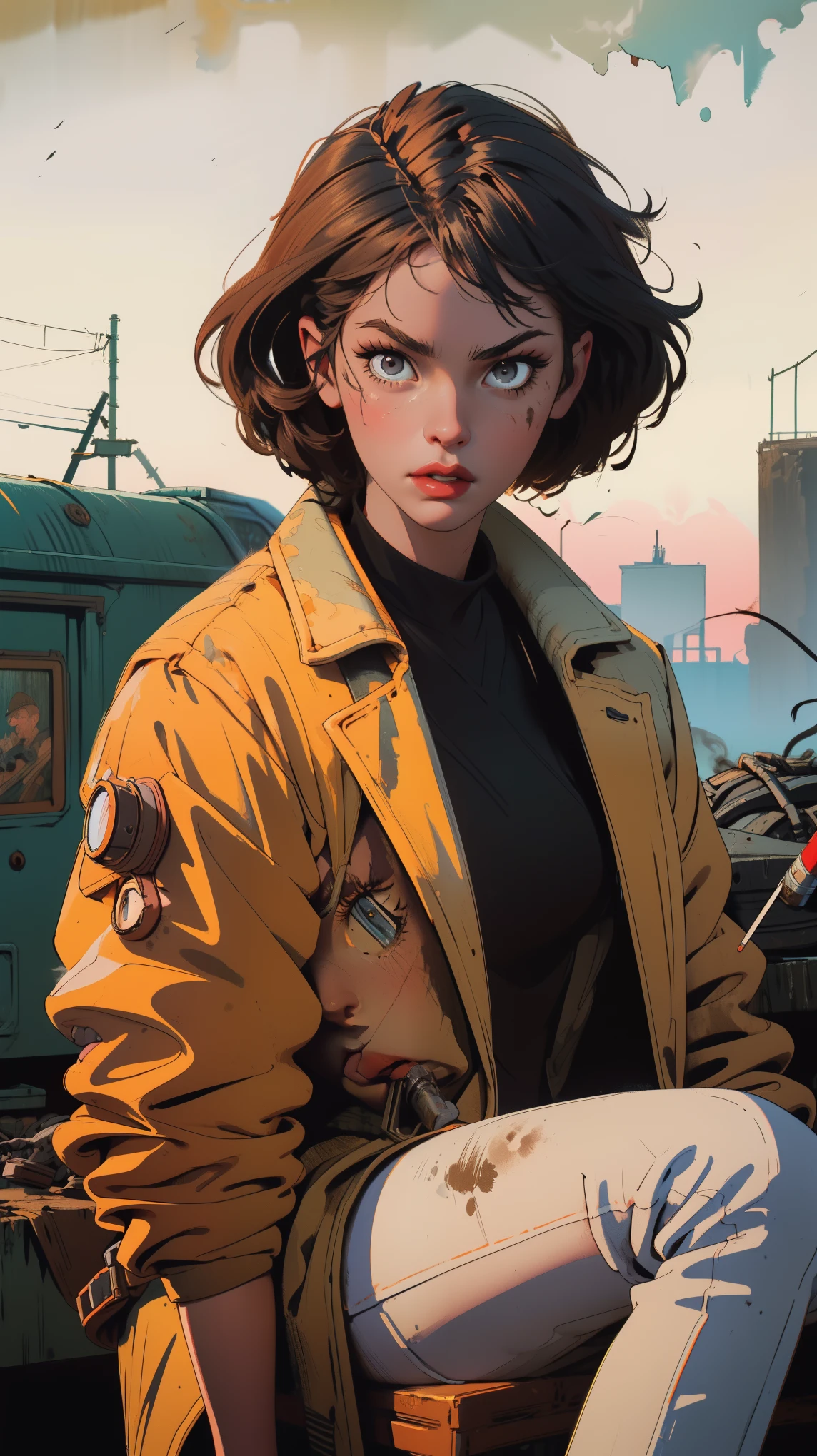 masterpiece, best quality, 1girl, (closeup), engineer, slim, (yelow coat, goggles), sitting, (smoking cigarette), serious, dirty face, wasteland, abandoned train station, industrial ruins, grey, desolate, dark, watercolor, sketch,(best quality, masterpiece), 1girl, 1980s \(style\), looking at viewer, pinup \(style\), upper body,