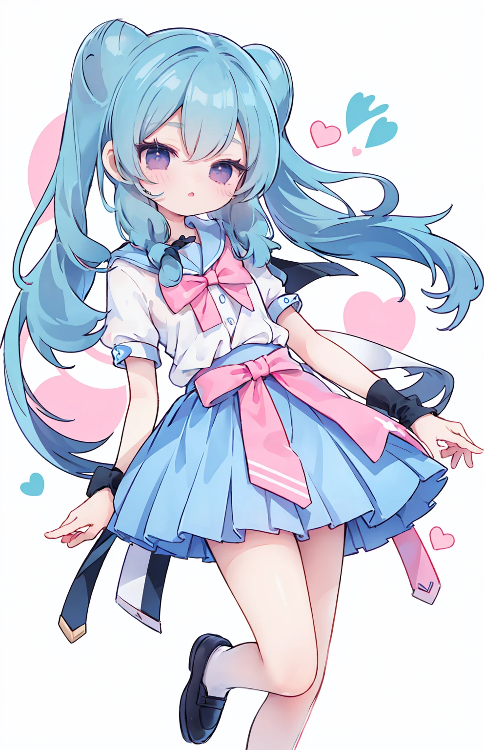 masterpiece, best quality, high resolution, aabeta, double, white simple background, standing, slim waist, cute, sailor uniform, pink bow tie, blue skirt, (PastelColors: 1.3), 