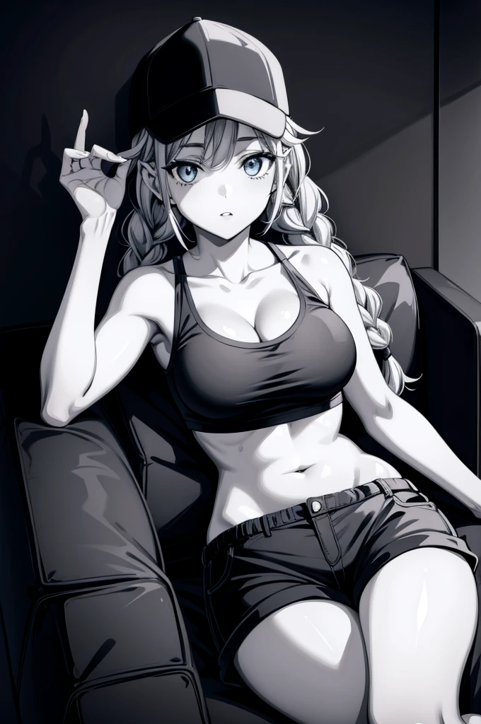 a cartoon woman sitting on a gray couch with a baseball cap on, 1girl, breasts, solo, hat, shorts, spot color, sitting, navel, cleavage, twin braids, blue eyes, braid, monochrome, crop top, baseball cap, looking at viewer, collarbone, short shorts, midriff, greyscale, long hair, large breasts, bare shoulders, parted lips, stomach, couch