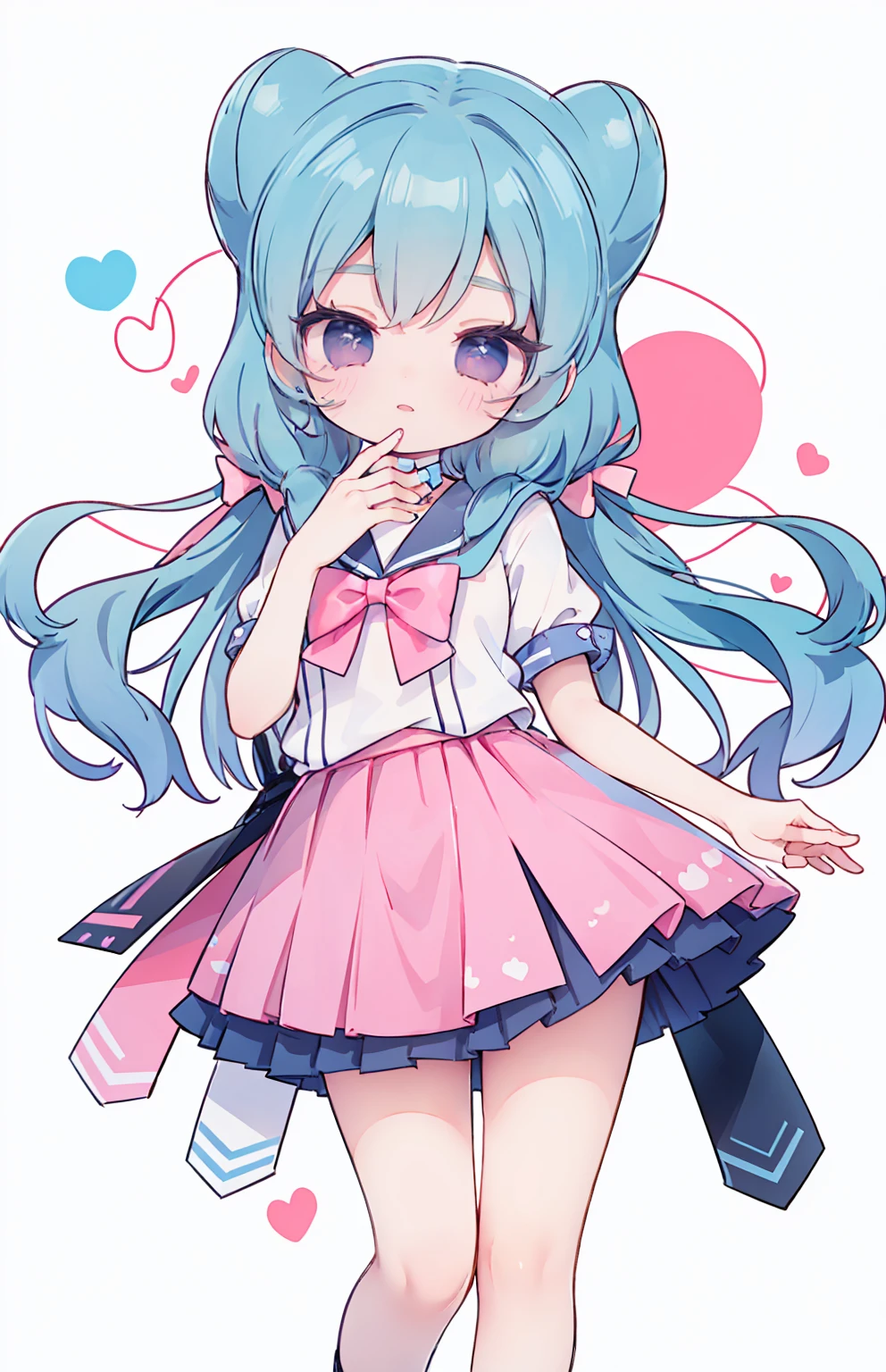 masterpiece, best quality, high resolution, aabeta, double, white simple background, standing, slim waist, cute, sailor uniform, pink bow tie, blue skirt, (PastelColors: 1.3), cute chibi