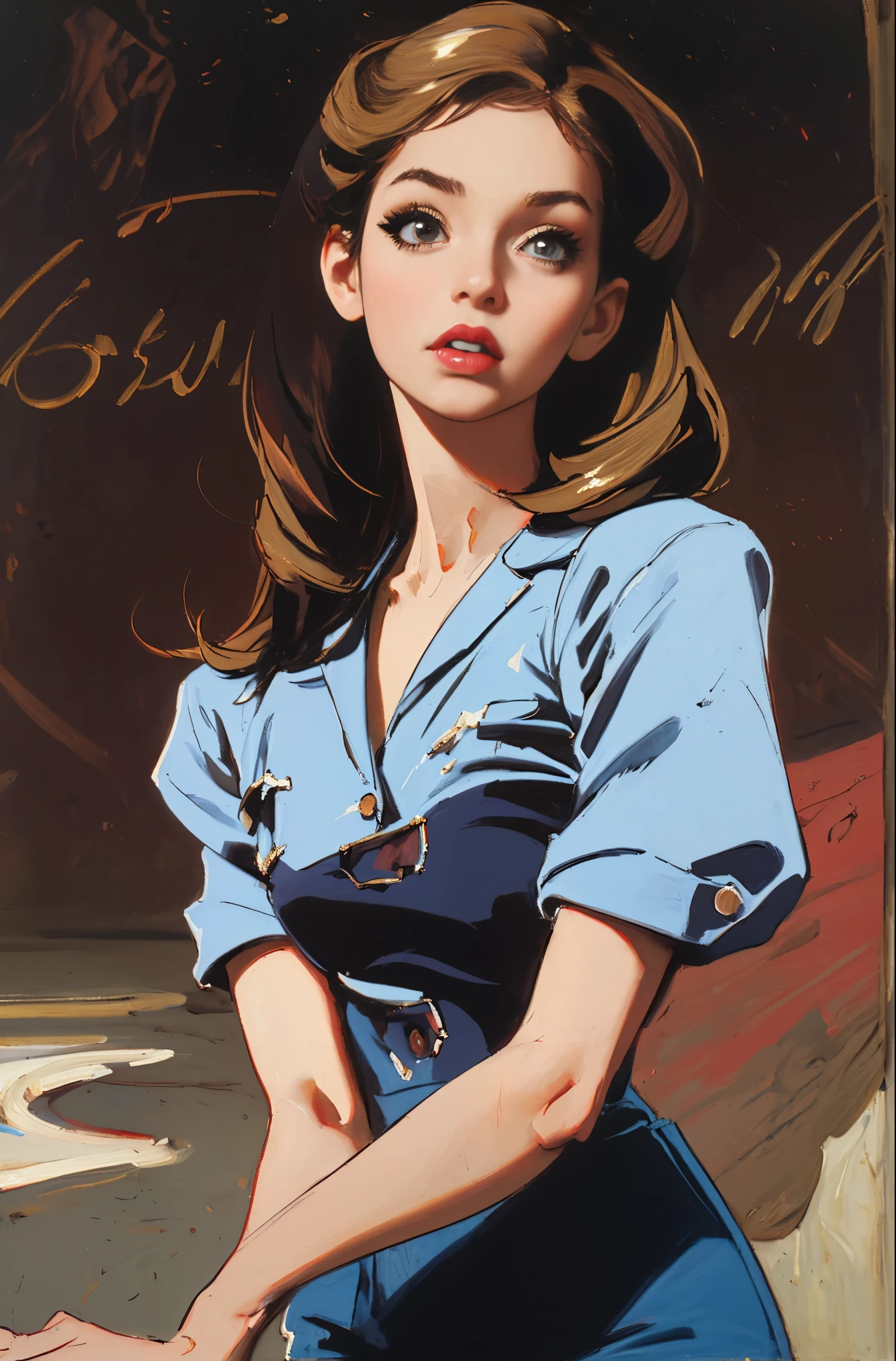 (melhor qualidade, Obra de arte), 1 garota, 1980s \(estilo\), olhando para o espectador, pôster \(estilo\), tronco,