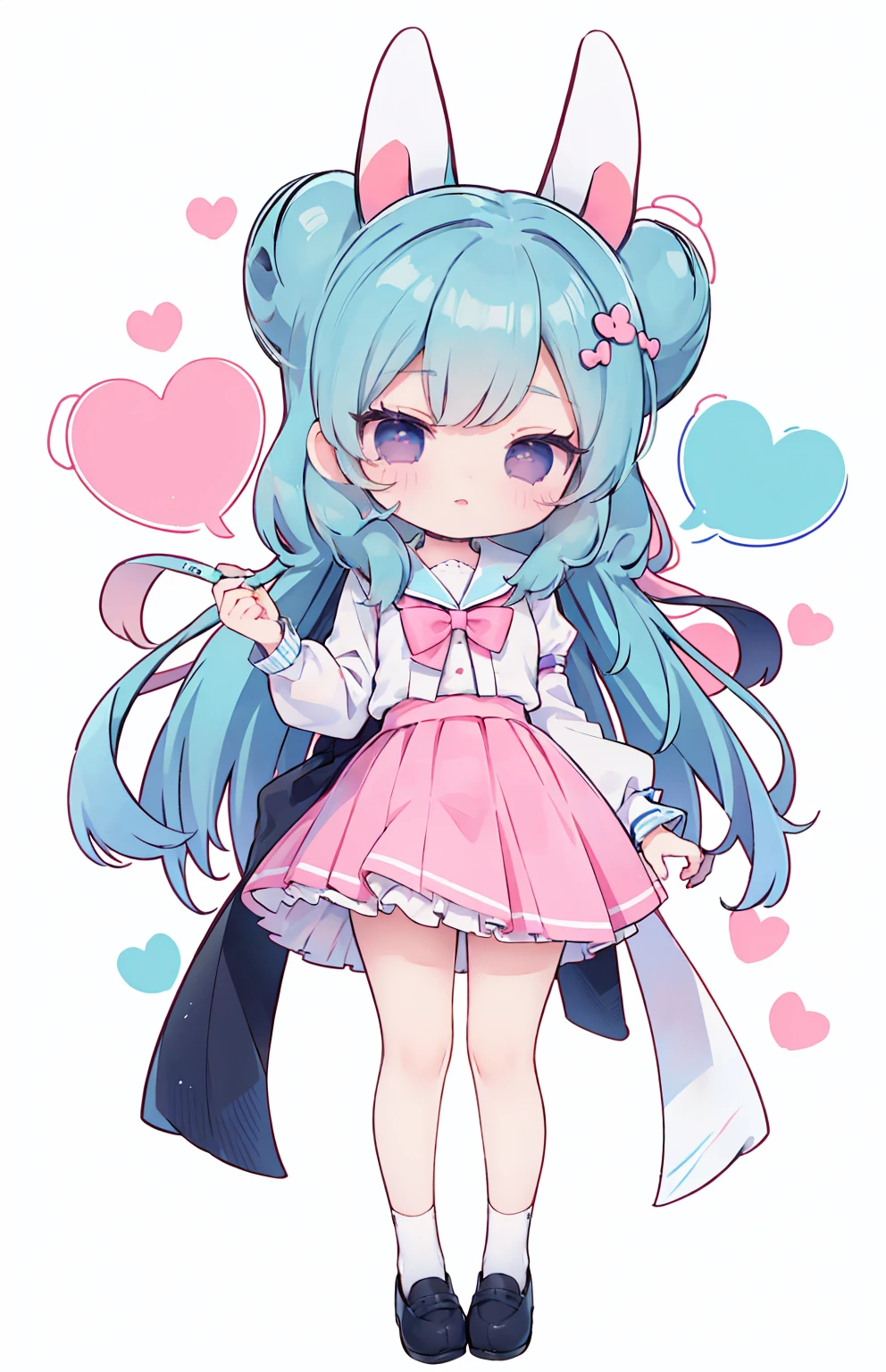 masterpiece, best quality, high resolution, aabeta, double, white simple background, standing, slim waist, cute, sailor uniform, pink bow tie, blue skirt, (PastelColors: 1.3), cute (chibi: 1.3)