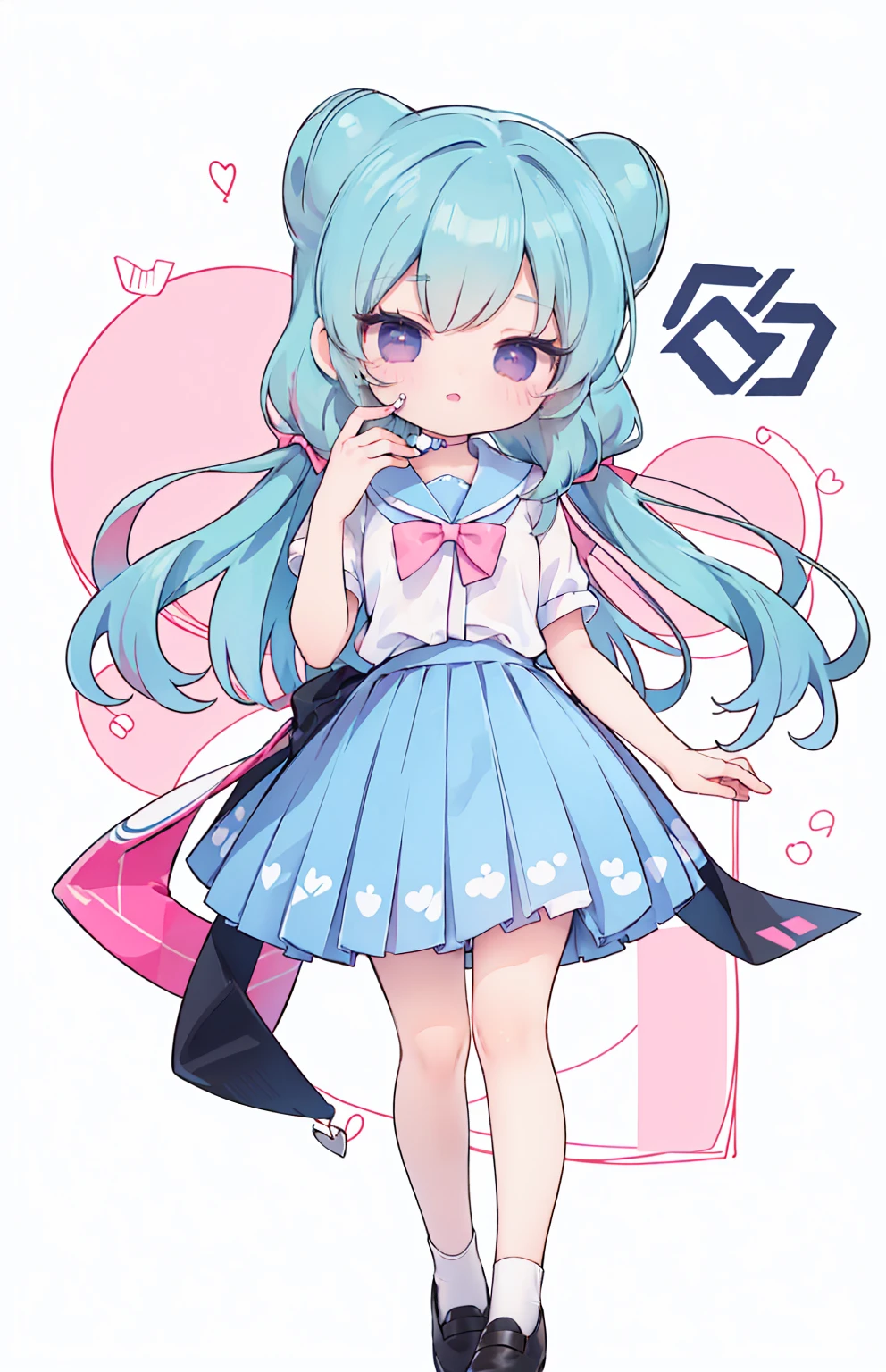 masterpiece, best quality, high resolution, aabeta, double, white simple background, standing, slim waist, cute, sailor uniform, pink bow tie, blue skirt, (PastelColors: 1.3), cute (chibi: 1.3)