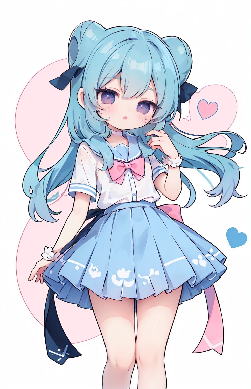 masterpiece, best quality, high resolution, aabeta, double, white simple background, standing, slim waist, cute, sailor uniform, pink bow tie, blue skirt, (PastelColors: 1.3), cute (chibi: 1.3)