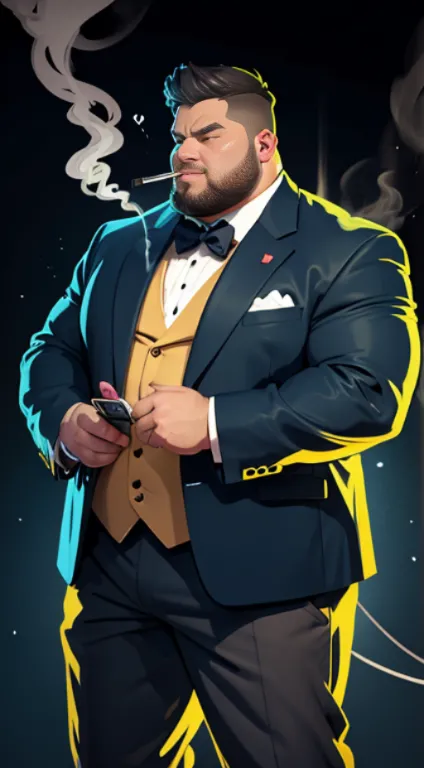 Cartoon illustration for logo of an overweight man in a suit holding a wotofo electronic cigarette giving off a lot of vapor