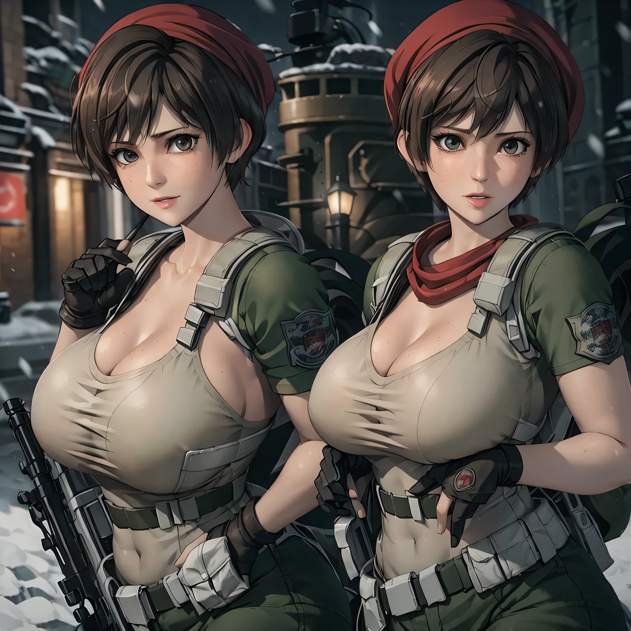 Rebecca chambers attractive huge breasts thick lips tight military outfit wearing red bandana on head in city night snowing holding medkit