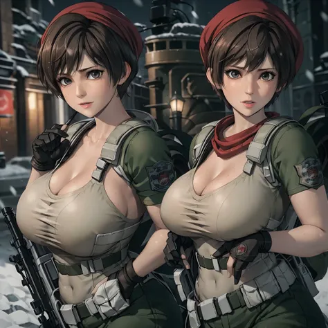 rebecca chambers attractive huge breasts thick lips tight military outfit wearing red bandana on head in city night snowing hold...