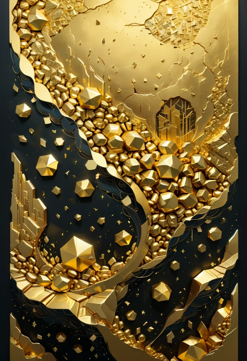 Gold Foil Art, indoor, by Cyril Rolando, (masterpiece, best quality, Professional, perfect composition, very aesthetic, absurdres, ultra-detailed, intricate details:1.3)