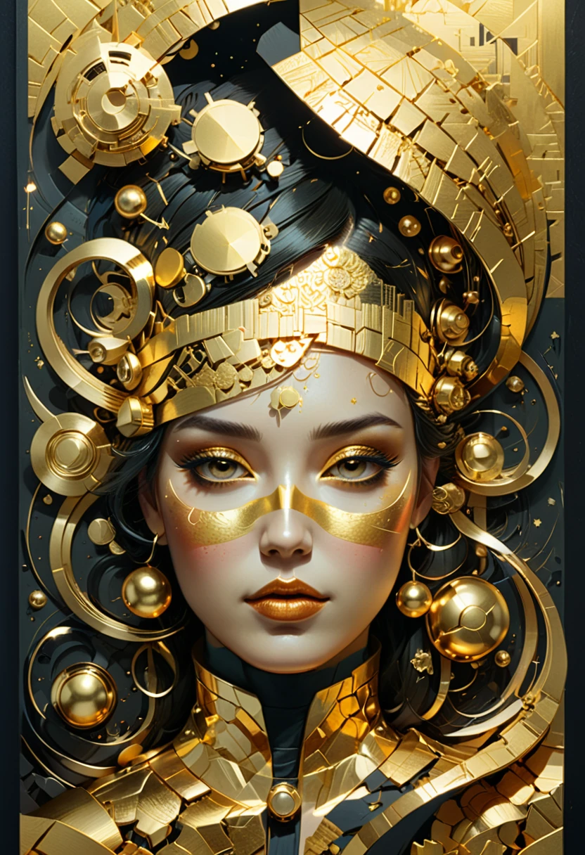 Gold Foil Art, indoor, by Cyril Rolando, (masterpiece, best quality, Professional, perfect composition, very aesthetic, absurdres, ultra-detailed, intricate details:1.3)