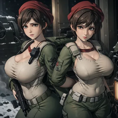 Rebecca chambers attractive huge breasts thick lips tight military outfit wearing red bandana on head in city night snowing hold...