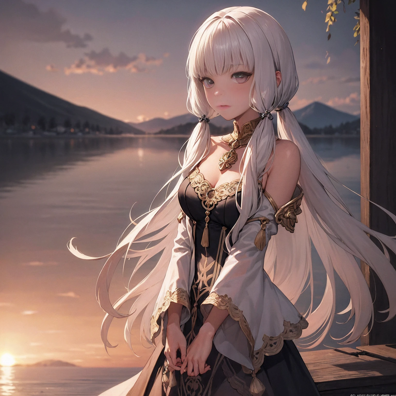 Lysithea von Ordelia is depicted in this artwork as a serene and captivating figure. She is portrayed as a young girl with long, straight hair and mesmerizing eyes. Her hair is styled in low twintails, giving her a unique appearance. The artwork is presented in a monochrome greyscale, with the exception of a few elements.

Lysithea is shown in an upper body shot, wearing a flowing dress that adds to her poised posture. Her porcelain skin is accentuated by a subtle blush, giving her a delicate and ethereal look. She is adorned with a crystal pendant, which adds a touch of elegance to her overall appearance.

The artwork takes place during the golden hour, as indicated by the warm tones, sun flare, and soft shadows. This lighting technique enhances the vibrant colors, creating a painterly effect that adds to the dreamy atmosphere of the piece. The scene is set against a scenic lake, with distant mountains and a willow tree. The calm water reflects the sunlit clouds, contributing to the peaceful ambiance and idyllic sunset.

The level of detail in this official art is remarkable, with every element meticulously rendered. The artwork is presented in unity 8k wallpaper resolution, allowing viewers to appreciate the intricate details. Additionally, the zentangle and mandala elements add a touch of complexity to the overall composition.