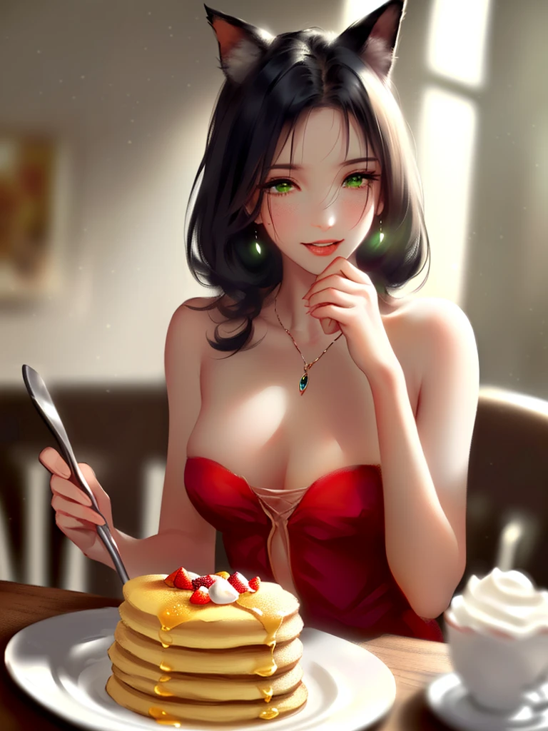 anime style, super fine illustration, highly detailed, dynamic angle, beautiful detailed, 8k, In a cafe where morning sunlight streams through the window, a plate of fluffy pancakes topped with strawberries, whipped cream, and a generous dusting of powdered sugar sits on the table. A woman eats them with a happy expression, her impressionable happiness drawing the attention of those around her.very good illustration, High detail, dynamic angle, beautiful detailing,2D, (Best quality, masterpiece, Beauty, tenderness), anime, Highly detailed face, very detailed eyes, very detailed background, perfect lighting, whole body, 1 girl, One, (Very detailed cat ears), (Very detailed ears behind the hair), Pink dress, green eyes, Finely detailed eyes, ears covered with hair,