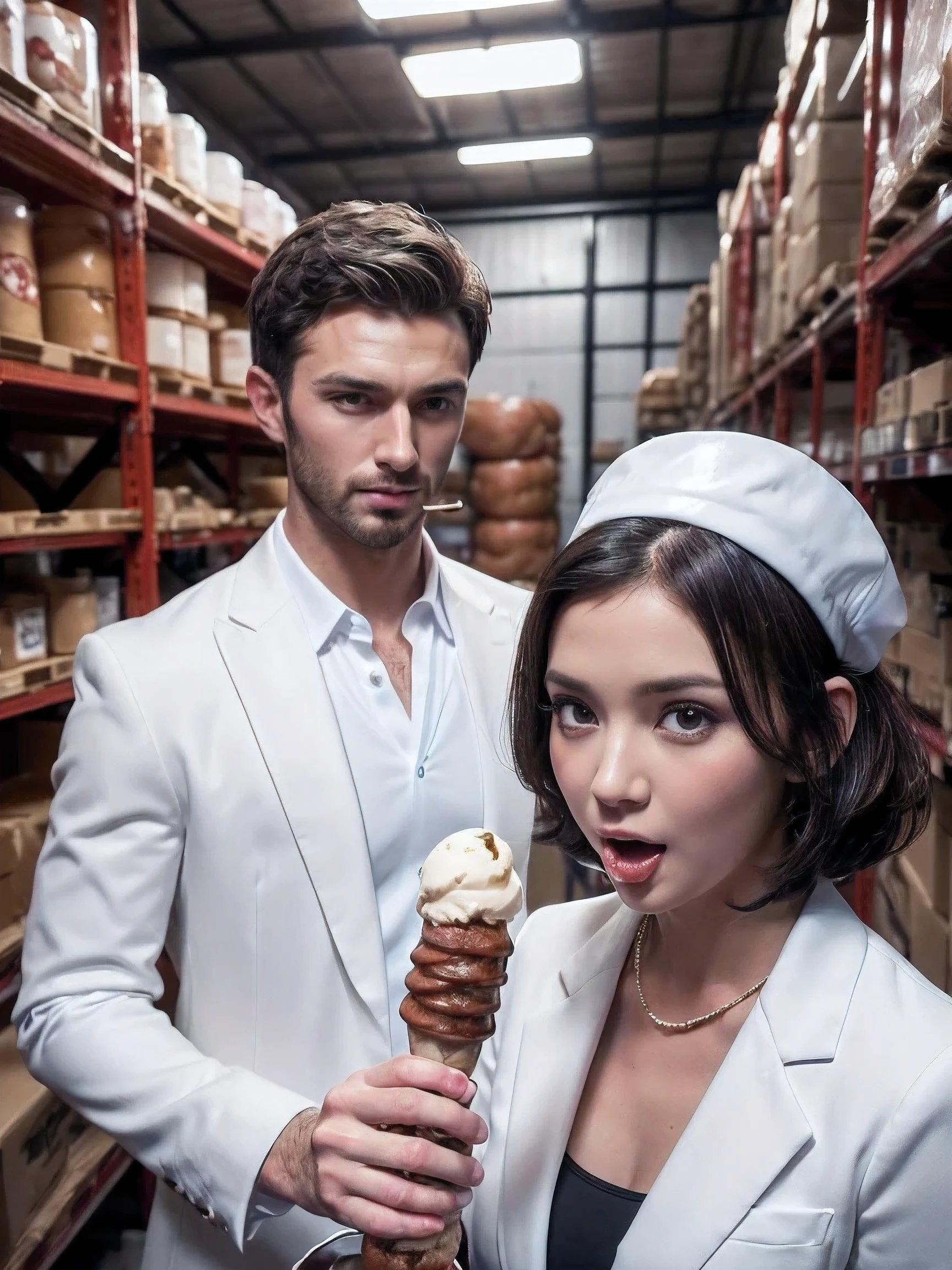 In the warehouse (there is a handsome boy (giving his man sausage) to a very beautiful ((ice cream queen)), detailed face, in a white suit, short black hair and very detailed figures, with a mouth filled with a man sausage with balls, fresh, very realistic, 4K , chiaroscuro, very high level of detail