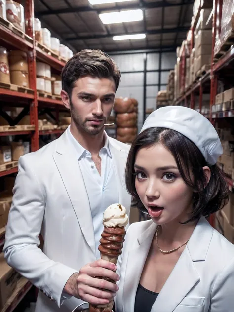 In the warehouse (there is a handsome boy (giving his man sausage) to a very beautiful ((ice cream queen)), detailed face, in a ...