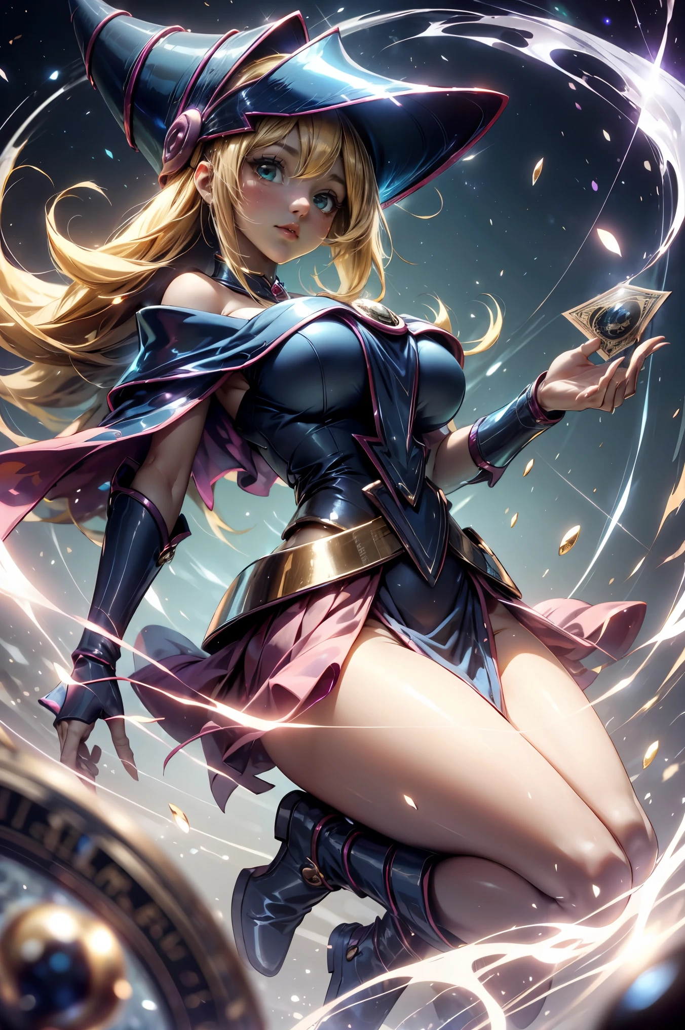 (masterpiece:1.2), (The best quality:1.2), perfect lighting, Dark Magician Girl casting a spell, floating in the air, big tits, neckline, magic background. Transparent hearts in the air, blue robe, big hat, from above, Sparkles, Yugioh Card in the background