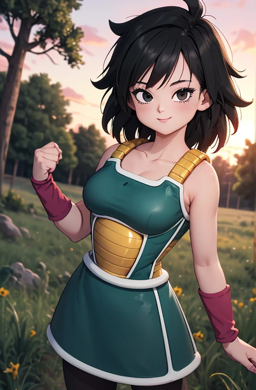 masterpiece, best quality, gine, saiyan armor, collarbone, green skirt, wristband, black pantyhose, upper body, smile, looking at viewer, field, trees, sunset sky, 1 girl, solo