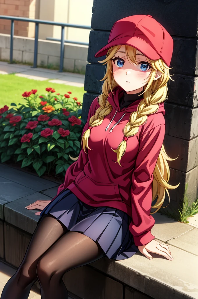 a pretty girl in a red hoodie and hat is sitting with flowers behind her, 1girl, solo, braid, hat, long hair, breasts, blue eyes, blonde hair, skirt, pantyhose, blush, white pantyhose, flower, hood, baseball cap, long sleeves, black headwear, pleated skirt, hoodie