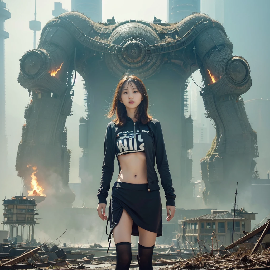 (highest quality、4k、8K、High resolution、masterpiece: 1.2)、Super detailed、(genuine、photogenuineistic、photogenuineistic: 1.37)、Destruction of a Great City、(A woman with telekinesis stands in front of a mech controlled by the invaders:1.37) 、(Women are young and beautiful、1、unparalleled beauty:1.5)、Insert a mental barrier to resist robot attacks、Vibrant cityscape、bright colors、Shining skyscrapers、Busy Street、Futuristic architecture and technology、Advanced Holographic Displays、Neon light splashes 、dramatic lighting、intense shadow、The awe-inspiring power that women exude、determination in his eyes、Elegant flowing gown、Dynamic action in the wind、Stretch out your arms and lunge towards the robot.、Powerful energy is emitted from the hands.、blue shining aura、sparks of electricity、electricity crackling in the air、A whirlpool of energy surrounding women、A fascinating and surgenuine atmosphere、A sense of danger and impending doom、Background chaos and destruction、Crumbling Building、Flying Debris、Smoke and flames、 The contrast between beauty and destruction、The battle between technology and the extraordinary power of young women。 cr1r3