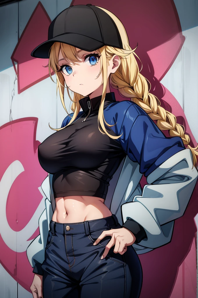 girls with hip hop hats and jackets pose in front of graffiti sprayed walls, 1girl, blue eyes, hat, solo, twin braids, braid, black shirt, blonde hair, breasts, pants, high-waist pants, shirt, jacket, shirt tucked in, looking at viewer, baseball cap, open jacket, large breasts
