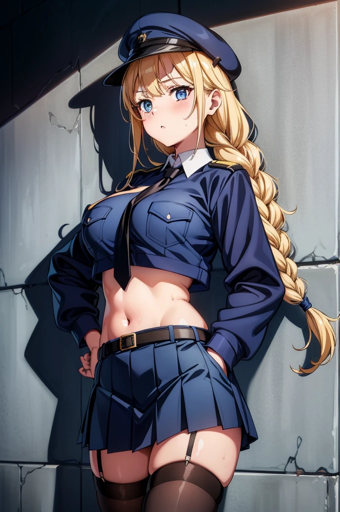 a sexy lady in blue uniform is leaning against a wall with her hand on her breast, 1girl, solo, garter straps, necktie, skirt, navel, blonde hair, breasts, hat, blue eyes, thighhighs, midriff, blue headwear, looking at viewer, belt, shirt, open clothes, black necktie, miniskirt, braid, stomach, collared shirt, crop top, long sleeves, jacket, open jacket, long hair, pleated skirt, sweat, cowboy shot, zettai ryouiki, blue jacket, black thighhighs, skindentation, breast pocket, large breasts, blush, black belt