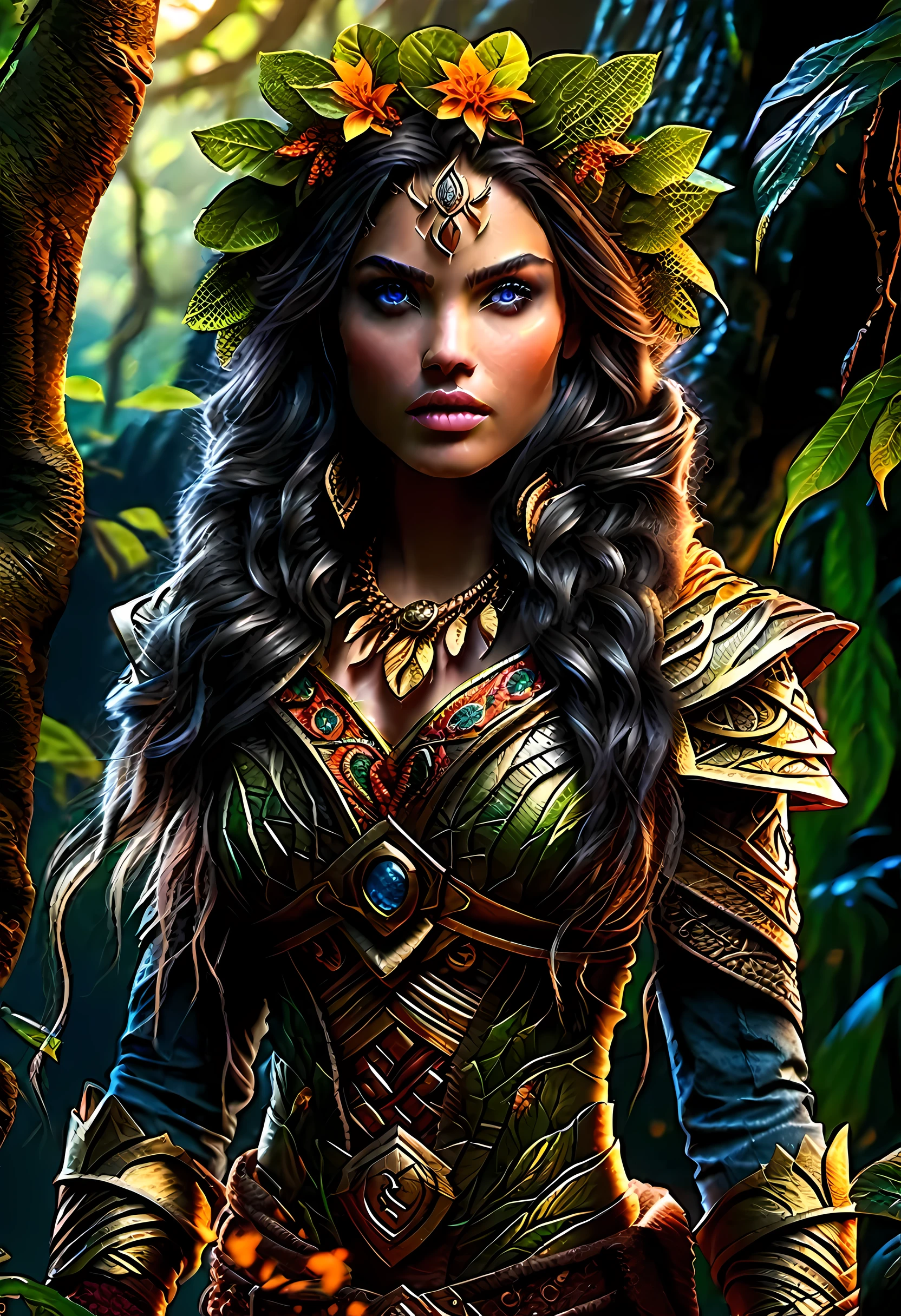 high details, best quality, 16k, [ultra detailed], masterpiece, best quality, (extremely detailed), dynamic angle, ultra wide shot, RAW, photorealistic, fantasy art, realistic art, a female druid (intricate details, Masterpiece, best quality: 1.5) in a jungle, a female wearing gold leaf clothes intricate details, Masterpiece, best quality: 1.4), leather boots, thick hair, long hair, black hair, intense (blue: 1.3) eyes, vibrant jungle (intense details), plenty of plant life, vines coming from trees, many jungle trees (1.3 intricate details, Masterpiece, best quality), vines, a river flowing, sun light, golden light. dynamic angle, (intricate details, Masterpiece, best quality: 1.5) , 2.5 rendering, high details, best quality, highres, ultra wide angle, cloud