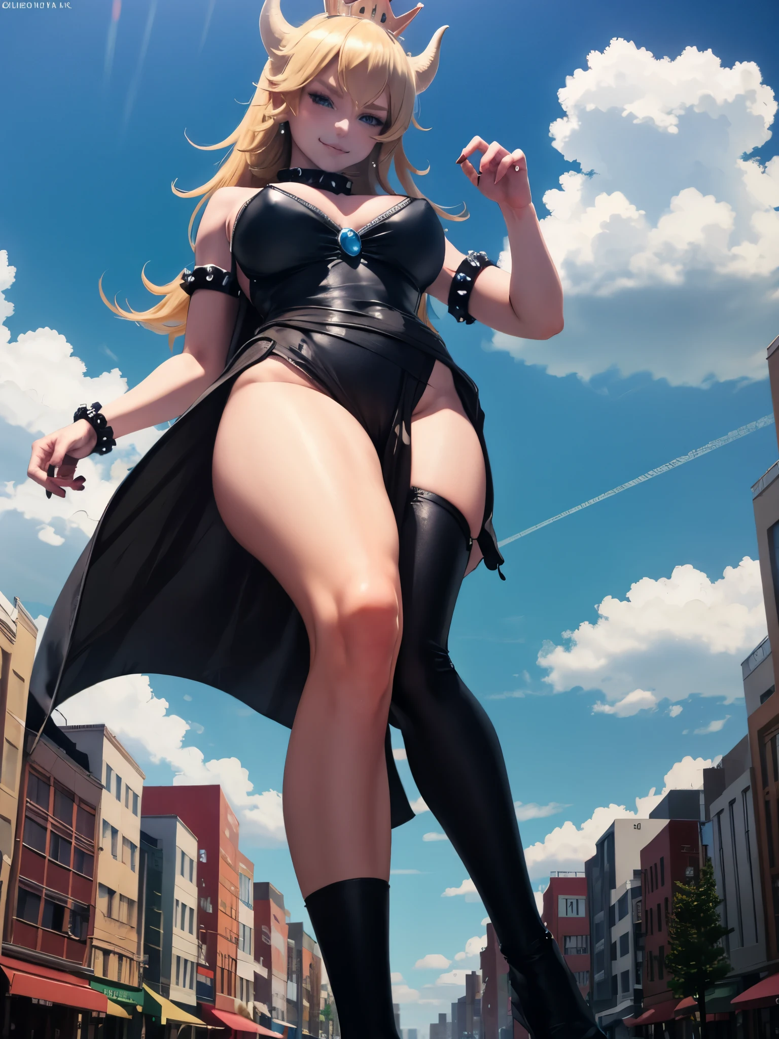 masterpiece, best quality, giantess, giant girl, (huge breasts:0.8) , looking at viewer, smile, frown, day sky, cityscape, walking in city