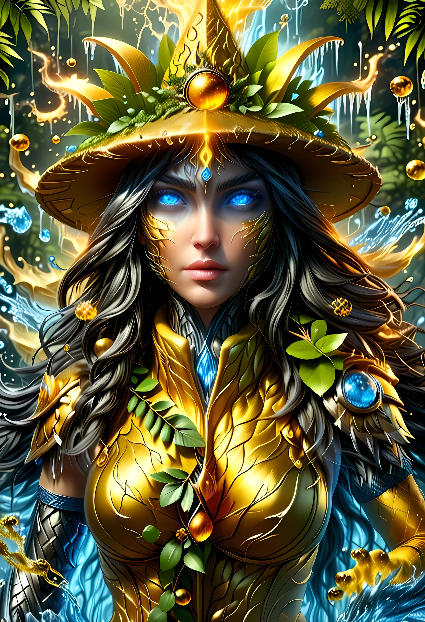 (gold leaf art: 1.5) high details, best quality, 16k, [ultra detailed], masterpiece, best quality, (extremely detailed), dynamic angle, ultra wide shot, RAW, photorealistic, fantasy art, realistic art, a female druid (intricate details, Masterpiece, best quality: 1.5) in a jungle, a female wearing (gold leaf: 1.3) clothes intricate details, Masterpiece, best quality: 1.4), leather boots, thick hair, long hair, black hair, intense (blue: 1.3) eyes, vibrant jungle (intense details), plenty of plant life, vines coming from trees, many jungle trees (1.3 intricate details, Masterpiece, best quality), vines, a river flowing, sun light, golden light. dynamic angle, (intricate details, Masterpiece, best quality: 1.5) , 2.5 rendering, high details, best quality, highres, ultra wide angle