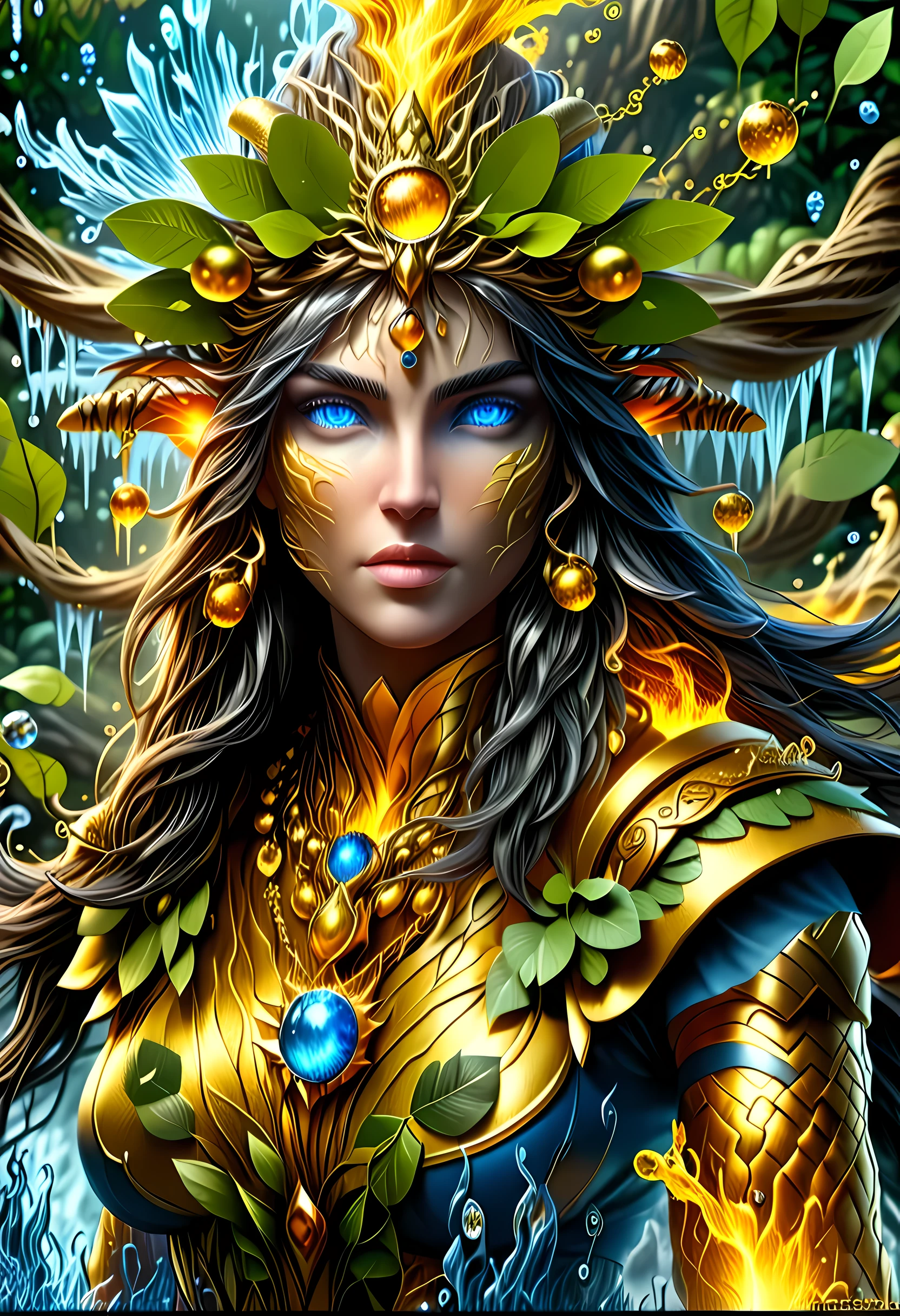 (gold leaf art: 1.5) high details, best quality, 16k, [ultra detailed], masterpiece, best quality, (extremely detailed), dynamic angle, ultra wide shot, RAW, photorealistic, fantasy art, realistic art, a female druid (intricate details, Masterpiece, best quality: 1.5) in a jungle, a female wearing (gold leaf: 1.3) clothes intricate details, Masterpiece, best quality: 1.4), leather boots, thick hair, long hair, black hair, intense (blue: 1.3) eyes, vibrant jungle (intense details), plenty of plant life, vines coming from trees, many jungle trees (1.3 intricate details, Masterpiece, best quality), vines, a river flowing, sun light, golden light. dynamic angle, (intricate details, Masterpiece, best quality: 1.5) , 2.5 rendering, high details, best quality, highres, ultra wide angle