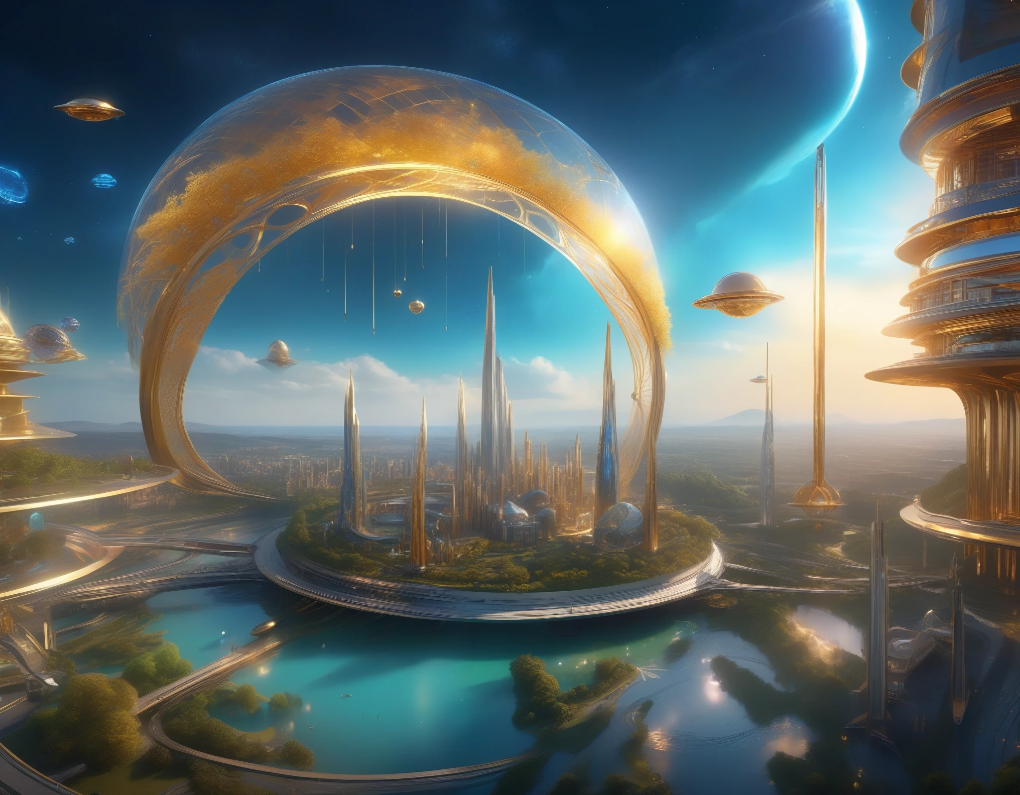 ((paisaje)), vista panorámica, (((ciencia de fantasía))), ciudad mágica, arquitectura científica, energía mística, partícula mágica, ciencia fantasía, tecnología avanzada, brujas volando en el cielo, estilo futuro, ambiente fantástico, Infraestructura avanzada, teletransportarse, 32k, ((obra maestra, mejor calidad, ultra-detalleed, un extremadamente delicado y hermoso)), ((extremely detalleed CG unity 8k wallpaper)), ((premiado, preciso, HD, piel texturizada, aberración cromática, perfecto anatomy, proporción áurea)), (Arte conceptual), (exquisite attention to detalle), ((perfecto_composición, perfecto_diseño, perfecto_disposición, perfecto_detalle, ultra_detalleed)), ((armonía estética))