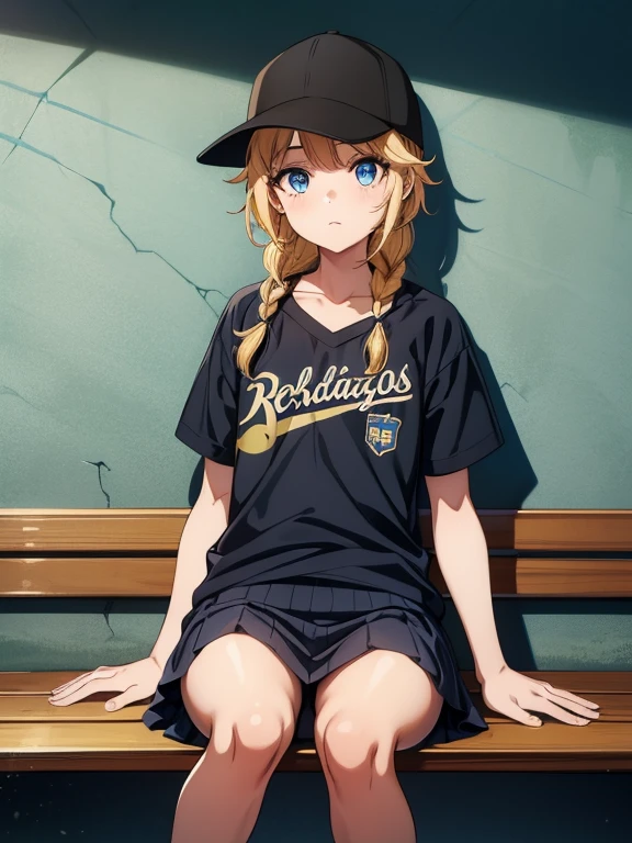 a man in a baseball cap sits on a bench with graffiti on the wall, 1 girl, Alone, Blue eyes, by rubio, black hats, has, twin braids, Jacket, braid, baseball cap, session, black shoes, wide, leg warmers, looking at the viewer, multicolored Jacket, off the shoulder, white Jacket