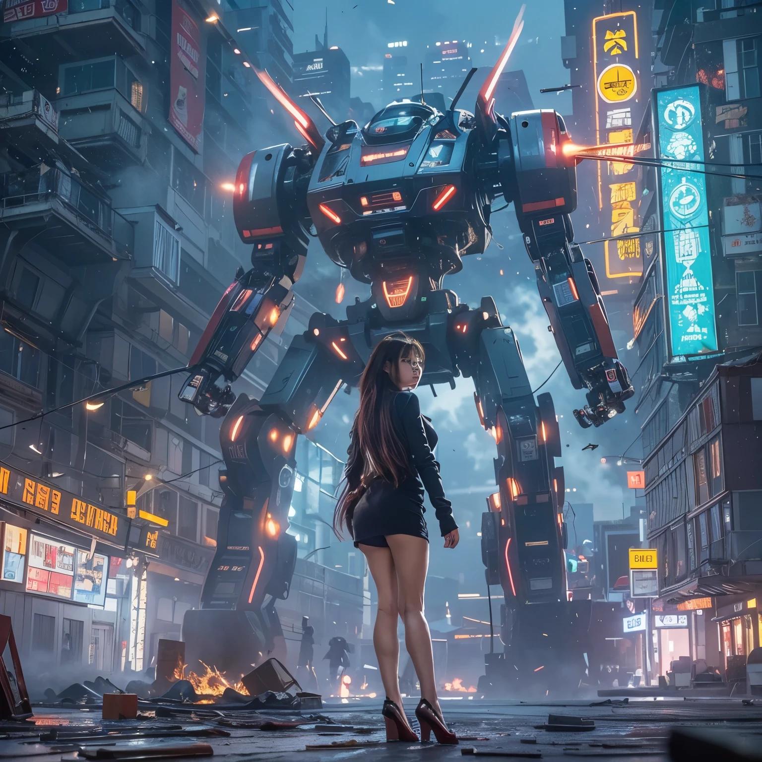 (highest quality、4k、8K、High resolution、masterpiece: 1.2)、Super detailed、(genuine、photogenuineistic、photogenuineistic: 1.37)、Destruction of a Great City、(A woman with telekinesis stands in front of a mech controlled by the invaders:1.37) 、(Women are young and beautiful、18-year-old、unparalleled beauty:1.5)、Insert a mental barrier to resist robot attacks、Vibrant cityscape、bright colors、Shining skyscrapers、Busy Street、Futuristic architecture and technology、Advanced Holographic Displays、Neon light splashes 、dramatic lighting、intense shadow、The awe-inspiring power that women exude、determination in his eyes、Elegant flowing gown、Dynamic action in the wind、Stretch out your arms and lunge towards the robot.、Powerful energy is emitted from the hands.、blue shining aura、sparks of electricity、electricity crackling in the air、A whirlpool of energy surrounding women、A fascinating and surgenuine atmosphere、A sense of danger and impending doom、Background chaos and destruction、Crumbling Building、Flying Debris、Smoke and flames、 The contrast between beauty and destruction、The battle between technology and the extraordinary power of young women。 cr1r3