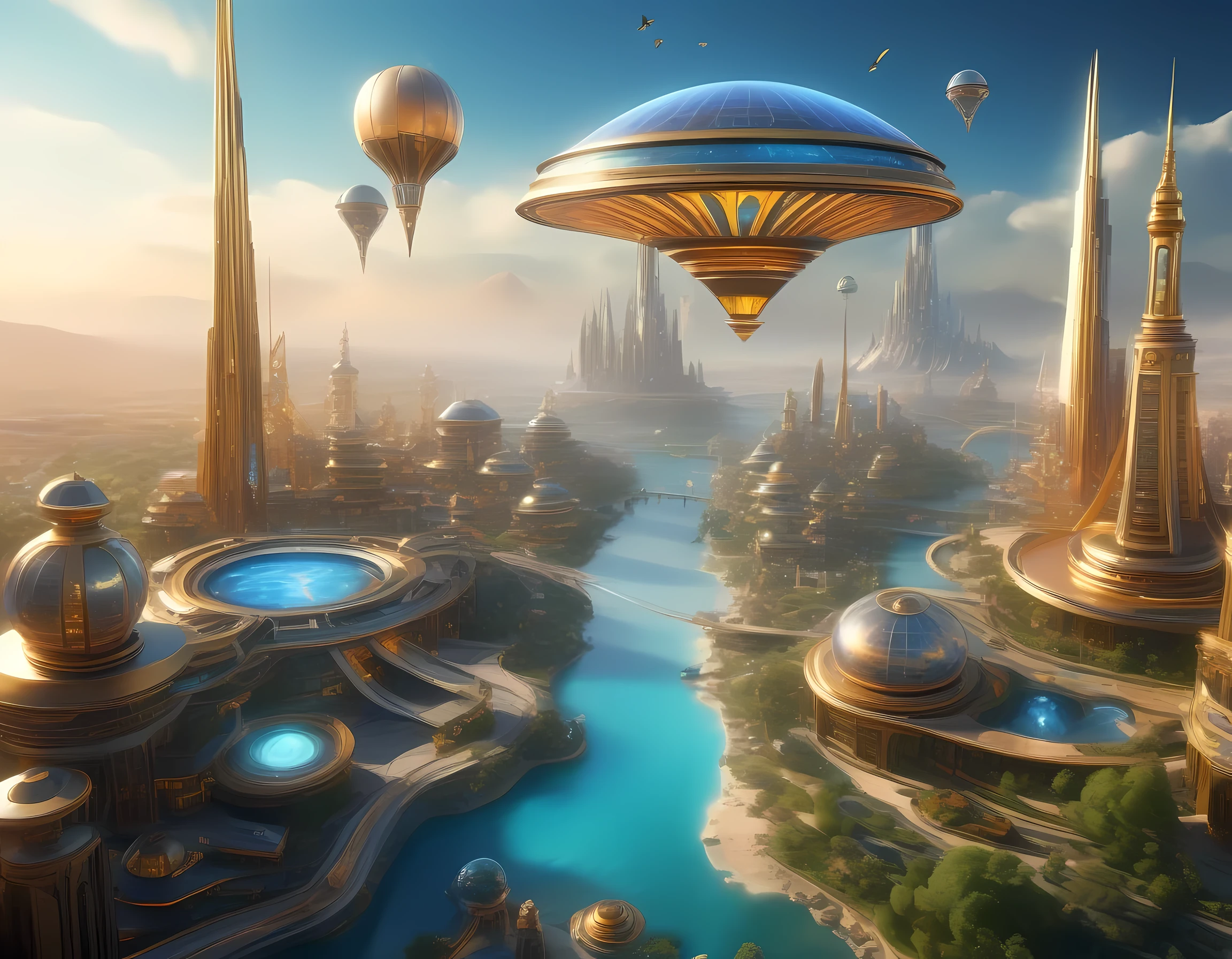 ((landscape)), bird's eye view, (((fantasy science))), magic city, scientific architecture, mystical energy, magic particle, science fantagy, advanced technology, witches flying on the sky, future style, fantastic atmosphere, advanced infrastructure, teleport, water city, oasis, 32k, ((masterpiece, best quality, ultra-detailed, an extremely delicate and beautiful)), ((extremely detailed CG unity 8k wallpaper)), ((award winning, ccurate, UHD, textured skin, chromatic aberration, perfect anatomy, golden ratio)), (concept art), (exquisite attention to detail), ((perfect_composition, perfect_design, perfect_layout, perfect_detail, ultra_detailed)), ((aesthetic harmony))