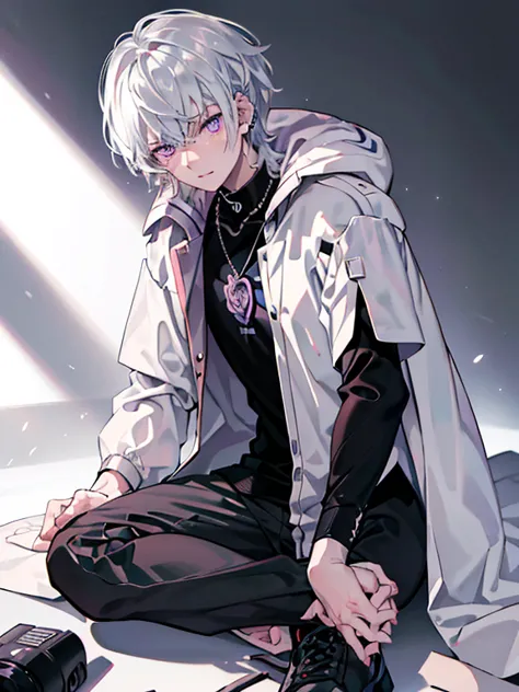 1 boy, medium white hair, dark purple eyes, lazy face, ear piercing, wearing white jacket oversize, rose pattern on jacket, wear...