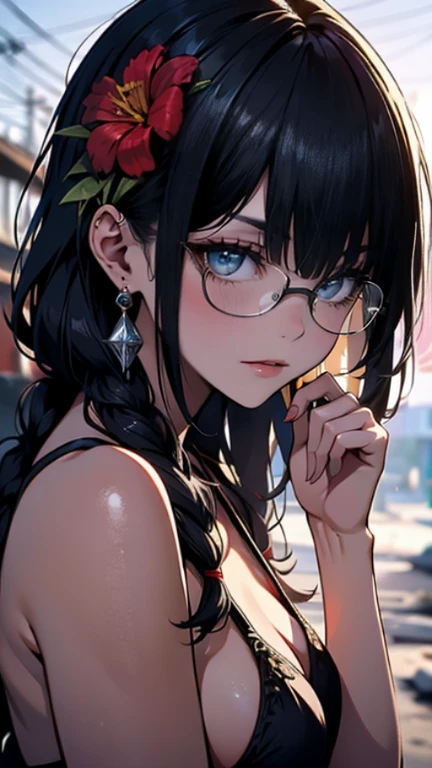 hanekawatsubasa, hanekawa tsubasa,(smile),(with sparkling eyes and a contagious smile),her pink panty pulled by self,a 17 years old, long hair, black hair, hair ornament, (brown eyes:1.1), braid, hairclip, twin braids, glasses, pink bikini, outdoors, beach, looking at viewer, (masterpiece:1.2), best quality, high resolution, unity 8k wallpaper, (illustration:0.8), (beautiful detailed eyes:1.2), extremely detailed face, perfect lighting, extremely detailed CG, (perfect hands, perfect anatomy),