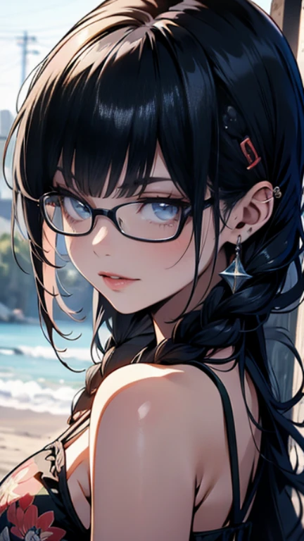 hanekawatsubasa, hanekawa tsubasa,(smile),(with sparkling eyes and a contagious smile),her pink panty pulled by self,a 17 years old, long hair, black hair, hair ornament, (brown eyes:1.1), braid, hairclip, twin braids, glasses, pink bikini, outdoors, beach, looking at viewer, (masterpiece:1.2), best quality, high resolution, unity 8k wallpaper, (illustration:0.8), (beautiful detailed eyes:1.2), extremely detailed face, perfect lighting, extremely detailed CG, (perfect hands, perfect anatomy),