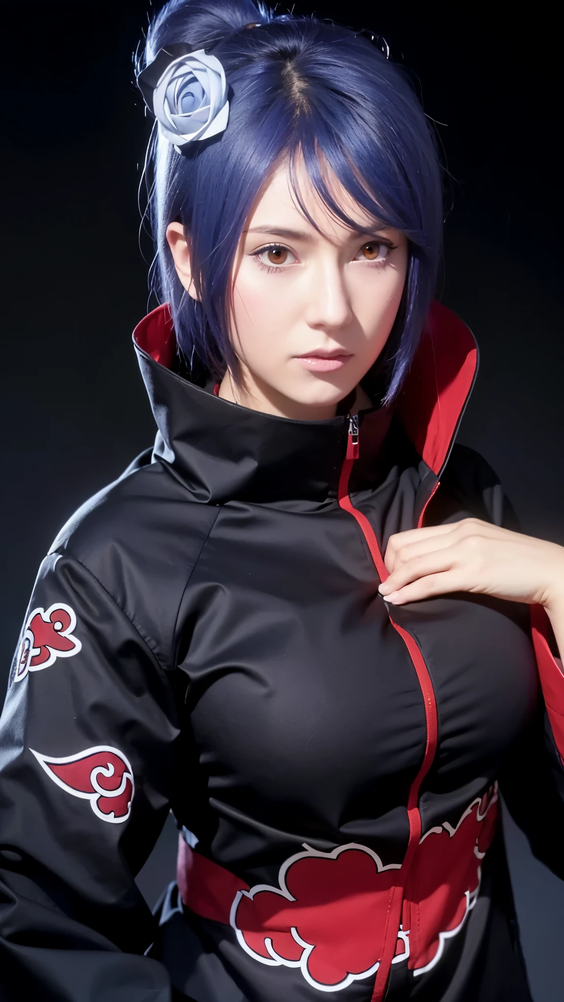 dark blue sky, many flying papers, 1 girl, ultra realistic, high res, highly detail, masterpiece, best quality, Konan of Naruto, close shot, looking at viewer, flying in the sky, sky background, konan, short hair, hair ornament, blue hair, flower, hair flower, (orange eyes:1.2), (labret piercing:1.2), eyeshadow,coat, cloak, black coat, black cloak, (akatsuki uniform:1.5), akatsuki \(naruto\), long face, oval face, 3 adult face ,quality photo detail .short detail , face swep HD 