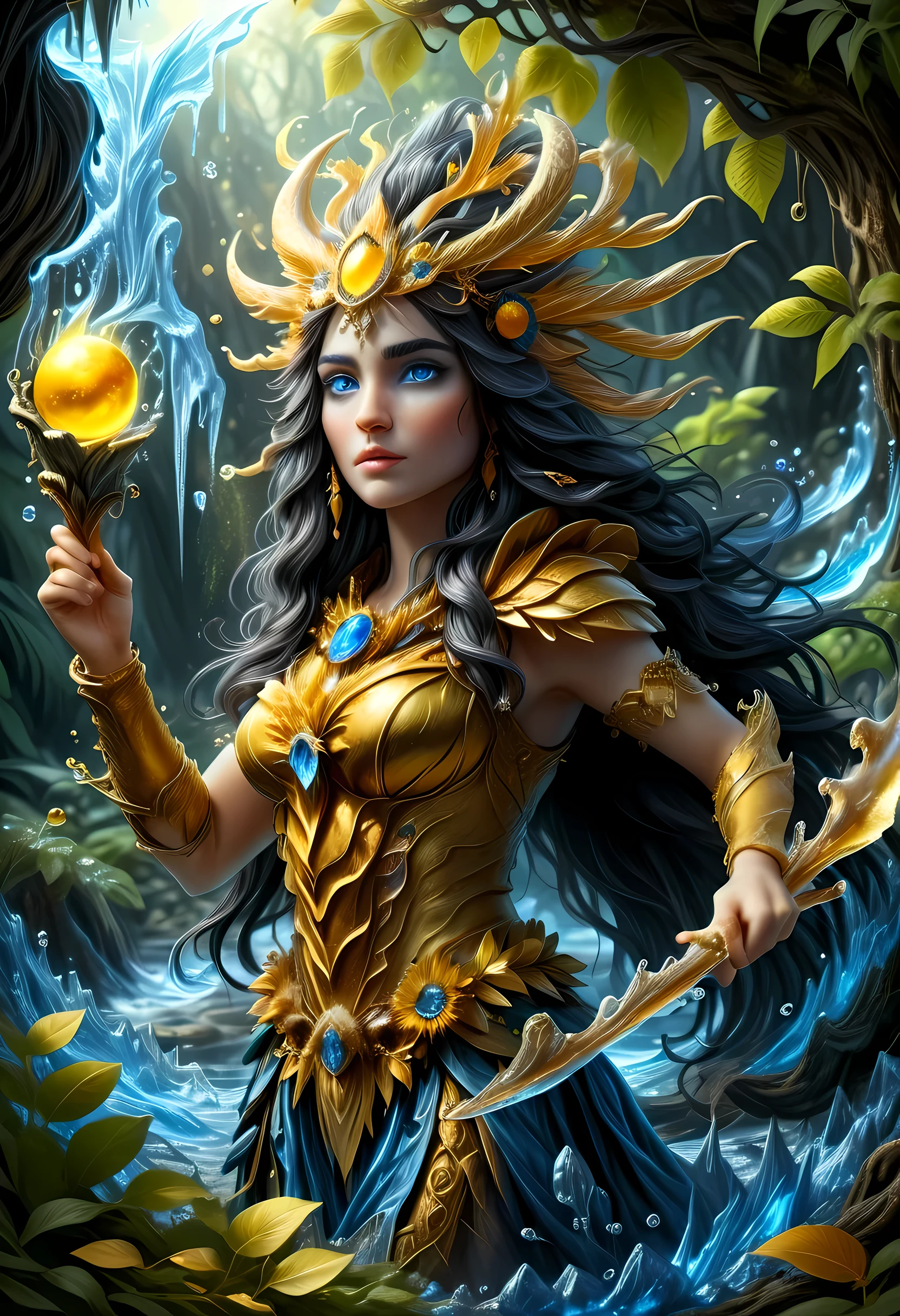 (gold leaf art: 1.5) high details, best quality, 16k, [ultra detailed], masterpiece, best quality, (extremely detailed), dynamic angle, ultra wide shot, RAW, photorealistic, fantasy art, realistic art, a female druid (intricate details, Masterpiece, best quality: 1.5) in a jungle, a female wearing (gold leaf: 1.3) clothes intricate details, Masterpiece, best quality: 1.4), leather boots, thick hair, long hair, black hair, intense (blue: 1.3) eyes, vibrant jungle (intense details), plenty of plant life, vines coming from trees, many jungle trees (1.3 intricate details, Masterpiece, best quality), vines, a river flowing, sun light, golden light. dynamic angle, (intricate details, Masterpiece, best quality: 1.5) , 2.5 rendering, high details, best quality, highres, ultra wide angle