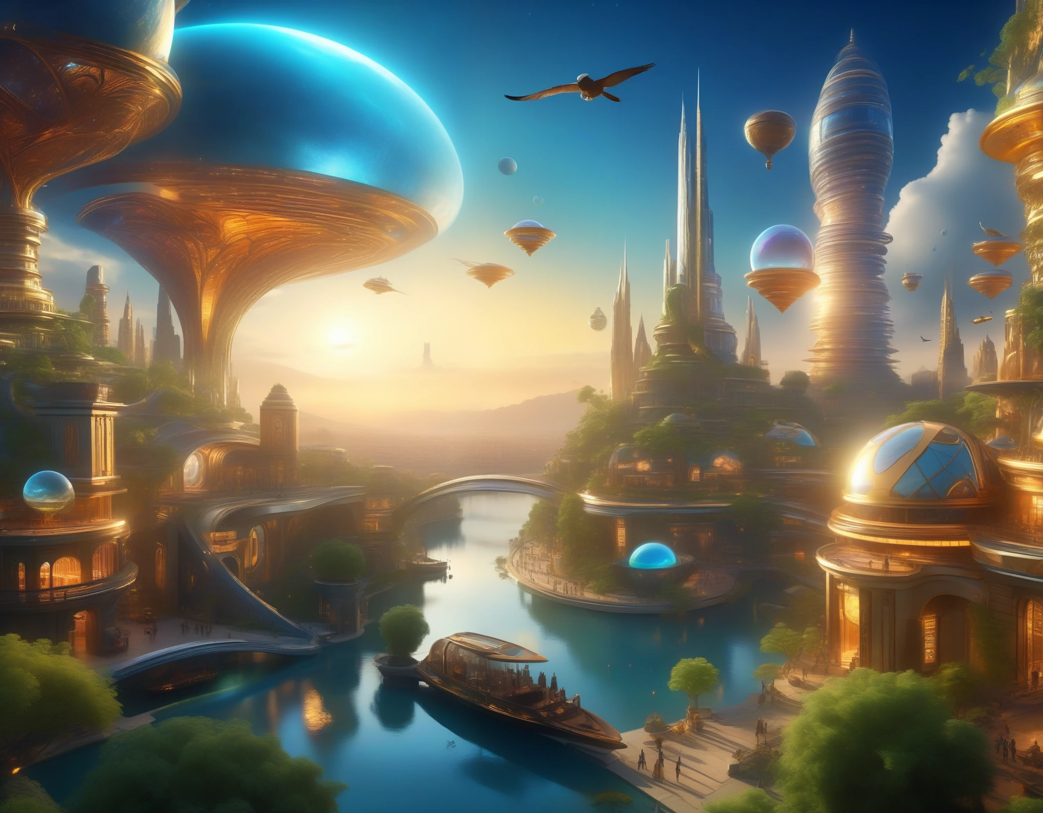 ((landscape)), bird's eye view, (((fantasy science))), magic city, scientific architecture, mystical energy, magic particle, science fantagy, advanced technology, witches flying on the sky, future style, fantastic atmosphere, advanced infrastructure, teleport, water city, oasis, sophisticated urban, envy, happy faces, hope, glory, another planet, 32k, ((masterpiece, best quality, ultra-detailed, an extremely delicate and beautiful)), ((extremely detailed CG unity 8k wallpaper)), ((award winning, ccurate, UHD, textured skin, chromatic aberration, perfect anatomy, golden ratio)), (concept art), (exquisite attention to detail), ((perfect_composition, perfect_design, perfect_layout, perfect_detail, ultra_detailed)), ((aesthetic harmony))