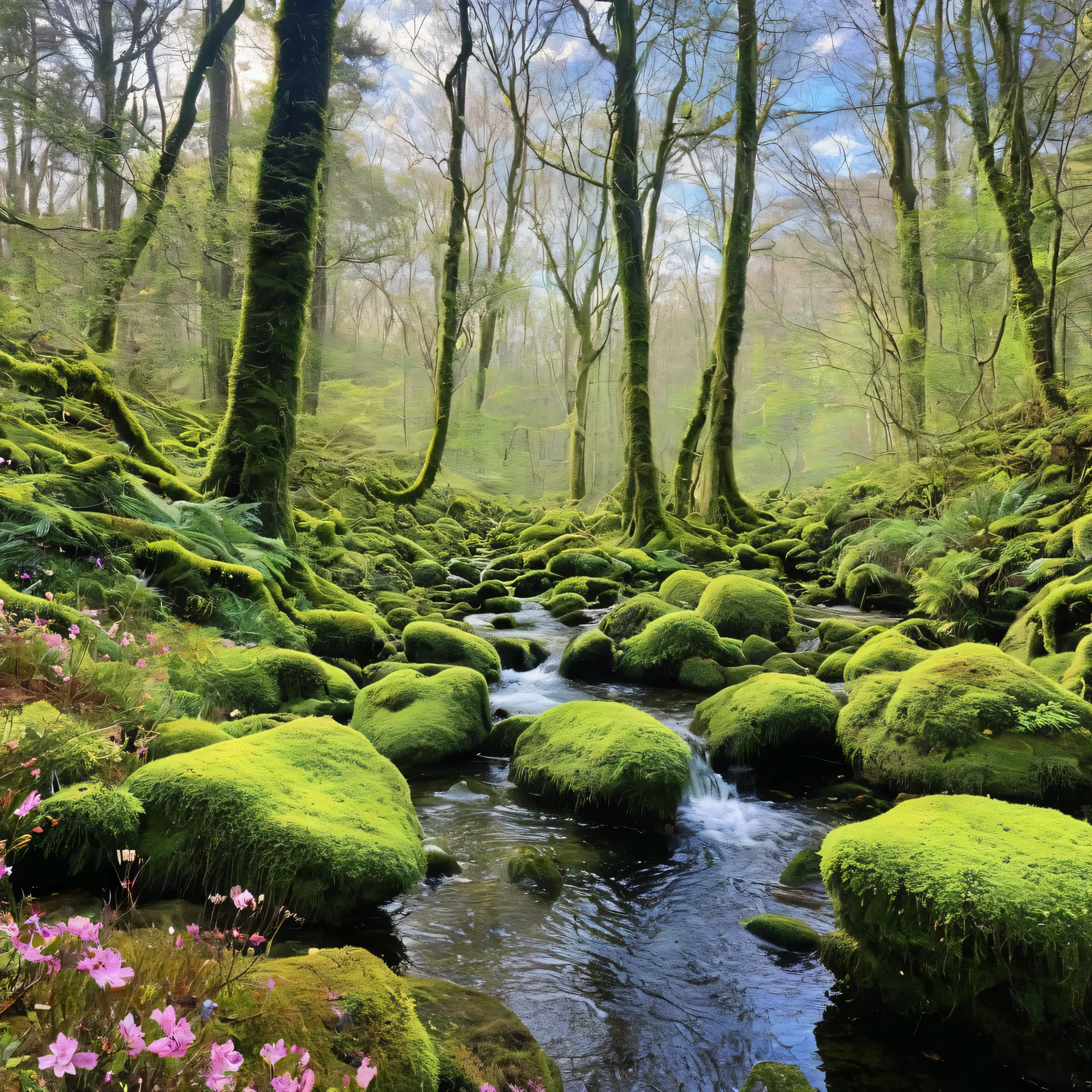 Step into a forest straight out of a fairy tale, where the air is alive with the scent of magic and the beauty of nature knows no bounds. Towering trees loom overhead, their branches adorned with delicate blossoms that shimmer with an otherworldly glow, while sparkling streams cascade down moss-covered rocks, their waters teeming with colorful fish and elusive water sprites. Enchanted creatures inhabit this mystical realm, from graceful unicorns prancing through sunlit glades to mischievous woodland spirits hiding among the shadows. As you wander through this fantastical landscape, the air is filled with the soft hum of nature's song, inviting you to embrace the wonder and enchantment that surrounds you.