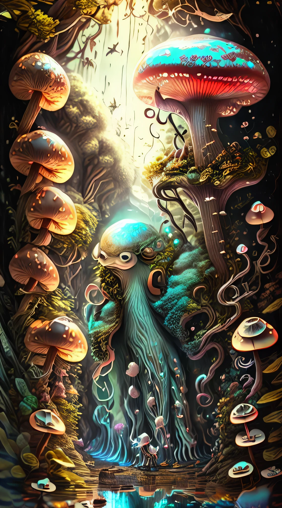 in a magical forest of lush idyllic, exotic green plants and lush flowers, Crystal clear water seeps: 1.2, ((Small creature with features of a mushroom and an octopus on top, Beeple and Jeremiah Ketner, an alien fungus with tentacles: 1.7)), very beautiful and cute:1.3, Detailed small eyes, and thin mouth, too cute, Fantasy, magic, mythological, fairy tale, magic tale, Detailed background, Global illumination:1.2, Celestial illumination:1.2, al magic lighting, backlight, , 3d stylized rendering, 3D rendering beep, Highly detailed 4K digital illustrations, Beeple's Daily Illustrations, Cute Detailed digital illustrations, Detailed 3D digital illustrations, 8K high quality detailed illustrations, State of the art VFX Autodesk Maya, Post-production