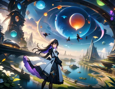 ((Game CG)), dramatic angle, (((fantasy science))), 1 young magical girl flying on the sky, young sister taste, jet black semi-l...