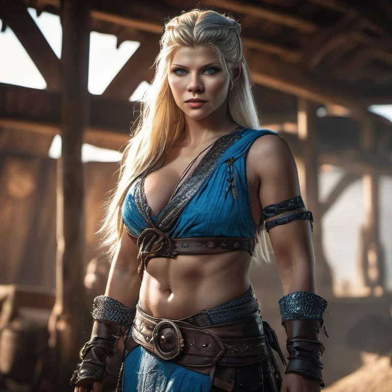 Nsfw, (masterpiece, best quality:1.2), full body, katherine winnick, lagertha, sexy viking, sexy, combat hair style, battle axe, battle swords,long flowing hair, blue eyes, seductively smiling, flirtatious, abs, Real Life, full bodyshot, (Ultra Realistic:1.4), Photorealism, Photography, 8K UHD, Photo, HDR, Complex and Elegant, Highly Detailed, Sharp Focus, Stunning, Beautiful, (Gorgeous: 1.2), Best Quality 1:1, Ultra Detail: 1.4, Best Shadows, (8k: 1.1), (beautiful detailed face), high contrast, (perfect lighting: 1.2), ((cinematic light)), colorful, hyper-detail, dramatic light, intricate detail, photograph by arny freytag, glamorous, sexy pose, seductively looking at the viewer, fully naked, in her hut