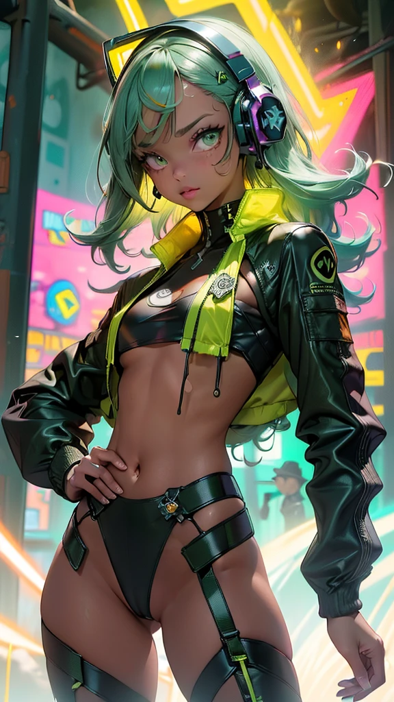 (品質)), ((Masterpiece artwork)),Ariana Grande dressed in green cyborg jacket,ballet dance ,(neon green student jacket:1.4), (cyborg schoolgirl transparent green miniskirt:1.4),frozen cave ice wall background, long white and gray hair, the best, Masterpiece artwork, high resolution, the best Quality, ultra high definition, super details, award-winning artwork, 16K,,(gorgeous blue eyes),  (cowboy pose) ,(cyberpunk green transparent jacket:1.4), (Jupiter Star Wars City Background:1.4), (orange jacket+red cyborg:1.4), long redhead hair, (Perfect Anatomia ), (He has a pirate eyepatch:1.4) ,(cyber cyborg orange red jacket) , (showing flat belly), (have transparent plastic clothes:1.4) ,(showing lace panties) ,(African black skin:1.4) ,( cyberpunk 2.1), (neon yellow long hair:1.4), (yellow cyberpunk Bluetooth headphones on head:1.4), 