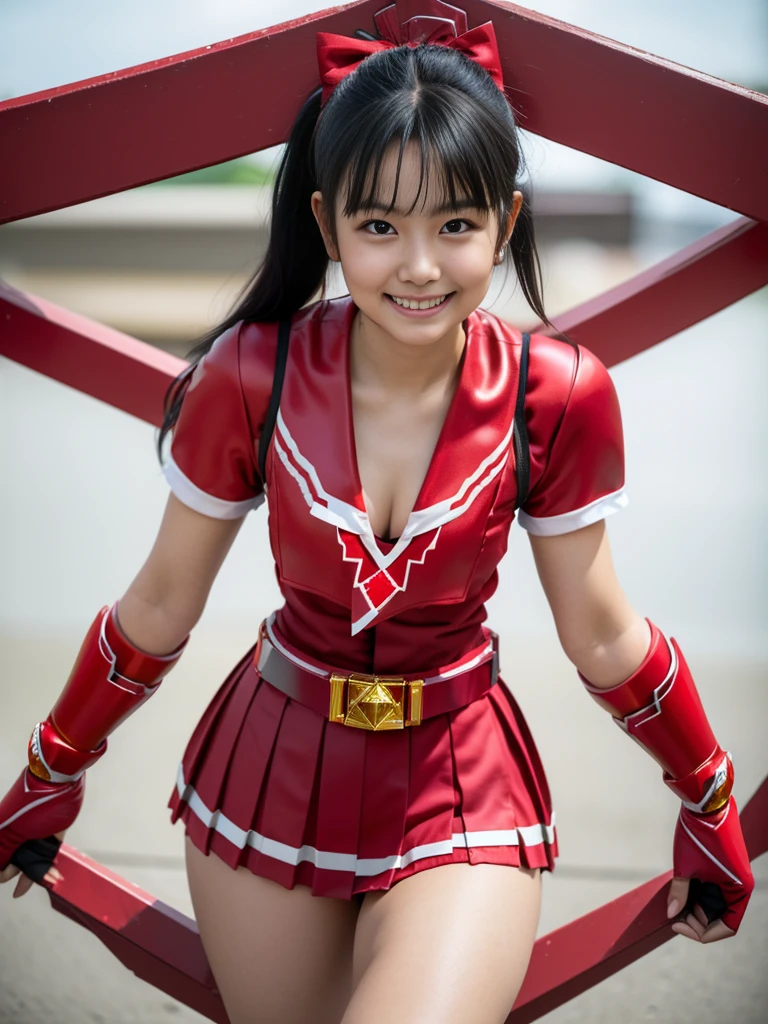 （8K、Raw photography、highest quality、masterpiece：1.2),(black haired:1.9),(Honeyfold twintail)、show viewer,Looking at the front,erotic,white skin,(She is wearing the costume of the beautiful warrior Red Ranger.:1.8)、(Clothing that emphasizes the shape of your chest:1.4)、(big breasts:1.2)、slim body shape、ultra high resolution,beautiful,beautiful fece,(alone, alone、no background:1.9),whole bodyボディー,japanese woman,（Photoreal：1.37）、photon mapping,reality、(Cute with a baby face: 1.4)、(cute smile: 1.7)、(With a round face: 1.8)、radio city、Physically based rendering、depth of field rally background、photograph, (I can see your knees,close up of thighs、too short skirt:1.5),whole body、super fine