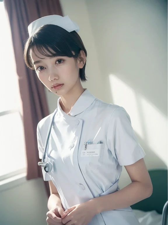 1 girl,(Wearing white nurse clothes:1.2),(Raw photo, highest quality), (realistic, photo-realistic:1.4), masterpiece, very delicate and beautiful, very detailed, 2k wallpaper, wonderful, finely, very detailed CG unity 8k wallpaper, Super detailed, High resolution, soft light, beautiful detailed girl, very detailed eyes and face, beautifully detailed nose, finely beautiful eyes, nurse, perfect anatomy, black hair, up style, nurse uniform, ((nurse cap)), long skirt, nurse, White costume, thin, hospital, clear, White uniform, hospital room, Neck auscultation,(short hair), ((Upper body))