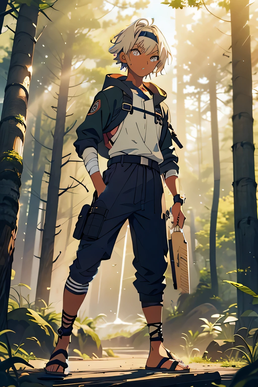 sand colored hair, short curly hair, dark skin color, hooded hazel eyes, long eyelashes, faint scar on face, skinny athletic physique, navy sandals, Konohagakure navy headband, two strips of white bandages wrapped around right thigh over slacks, bandages around forearms, holding kunai, serious expression, sweating
