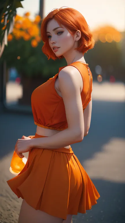 ultra realistic, 16k, high quality, 1 girl, short orange  hair, shoulder-length orange/red  hair that spreads across her left te...