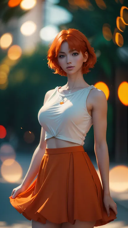 Ultra realistic, 16k, high quality, 1 girl, short orange  hair, shoulder-length orange/red  hair that spreads across her left te...